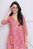 Pink & Yellow Cotton Jaipuri Printed Western Dress