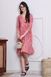 Pink & Yellow Cotton Jaipuri Printed Western Dress