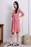 Pink & Yellow Cotton Jaipuri Printed Western Dress