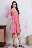 Pink & Yellow Cotton Jaipuri Printed Western Dress