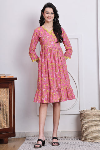 Pink & Yellow Cotton Jaipuri Printed Western Dress