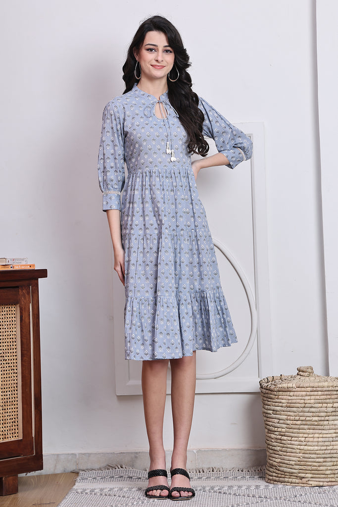 Grey Cotton Jaipuri Printed Western Dress