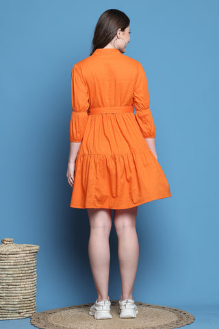 Orange Cotton Solid Western Dress