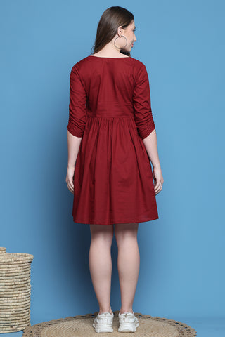 Maroon Cotton Solid Western Dress