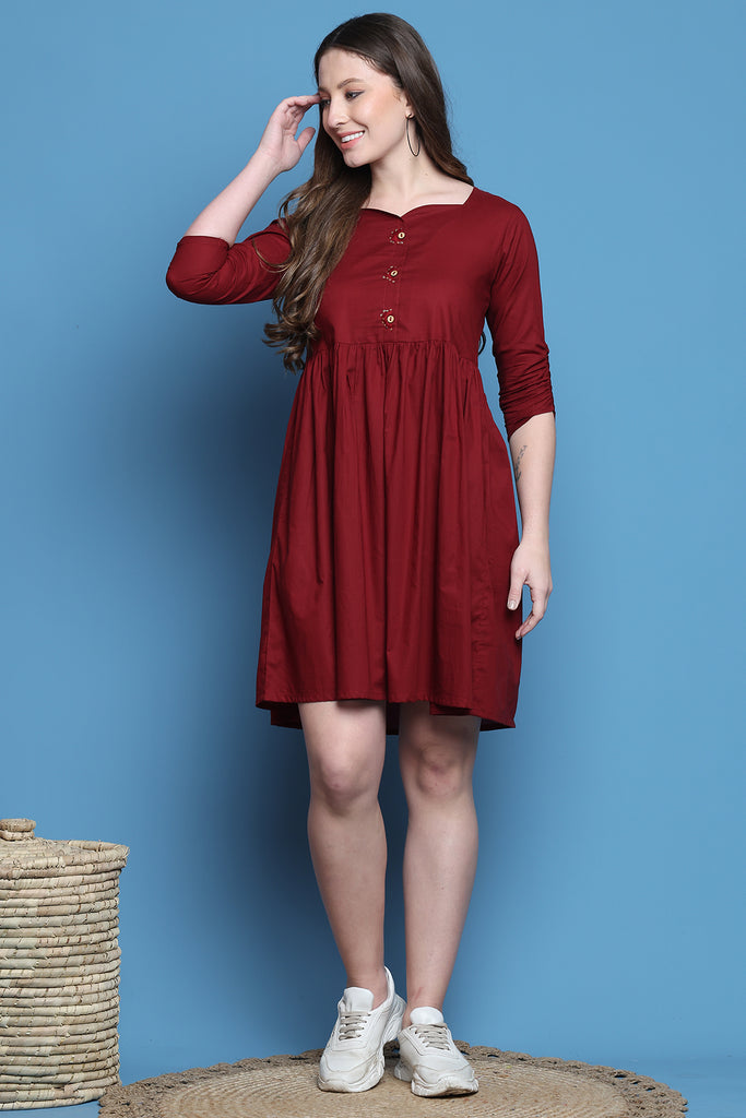 Maroon Cotton Solid Western Dress