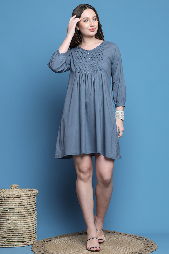 Grey Cotton Solid Western Dress