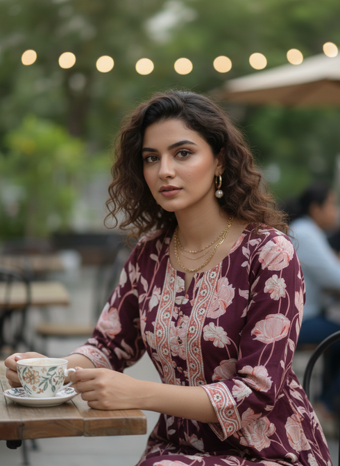 Wine Pure Cotton Jaipuri Printed Western Dress