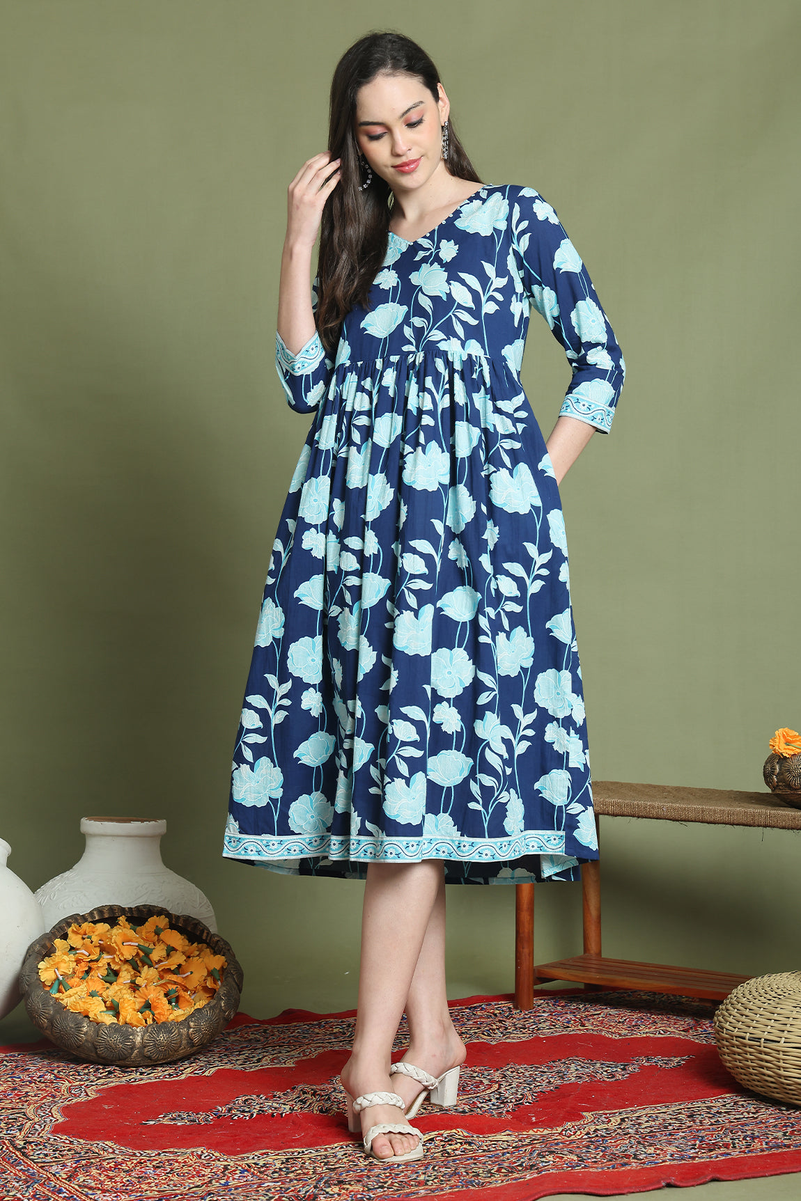 Blue Pure Cotton Jaipuri Printed Western Dress