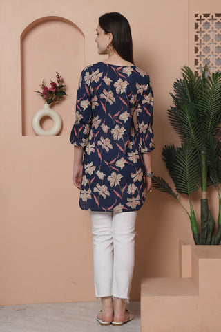 Blue Cotton Floral Printed Tunic