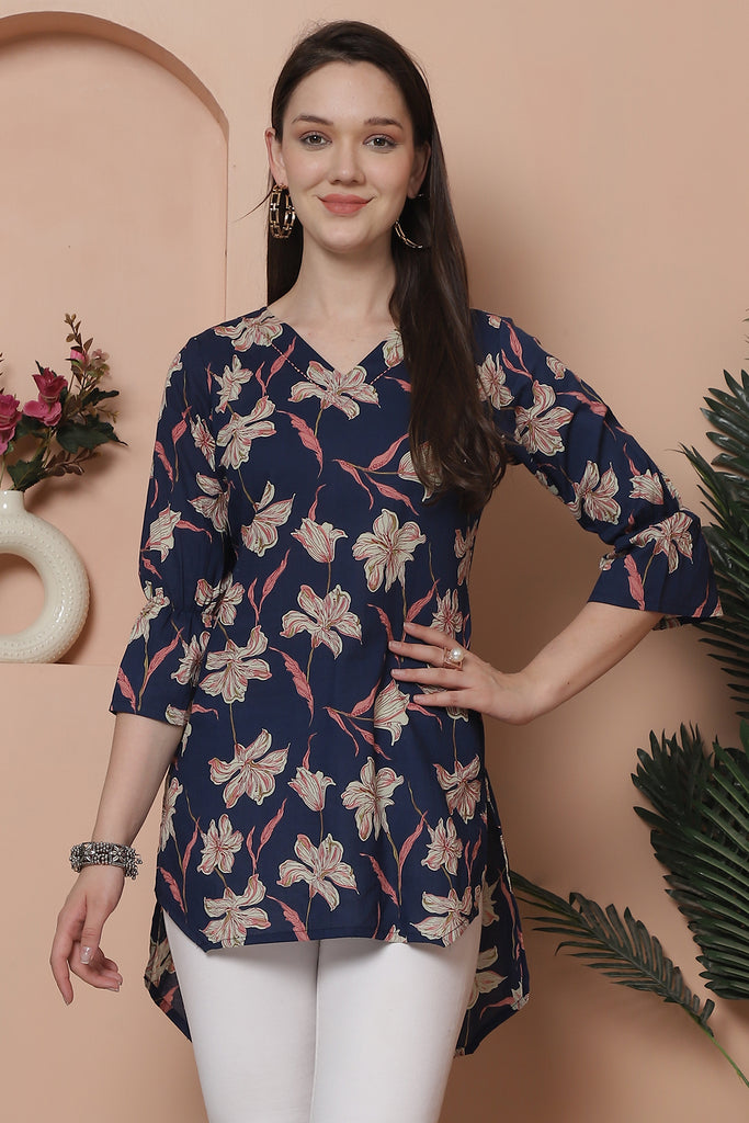 Blue Cotton Floral Printed Tunic