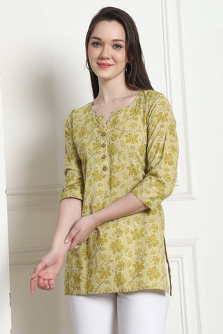 Lime Yellow Cotton Foil Printed Tunic