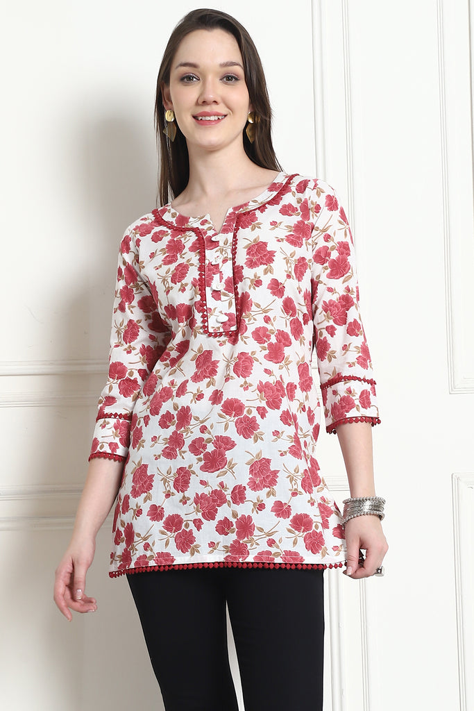 White & Magenta Cotton Floral Printed Tunic