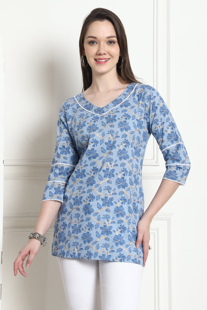 Sky Blue Cotton Foil Printed Tunic