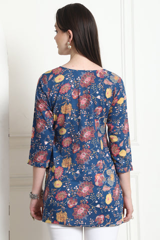 Blue Cotton Floral Printed Tunic