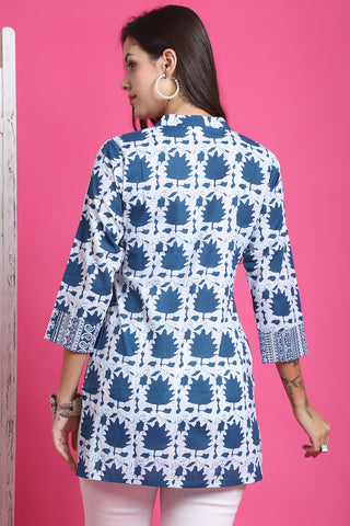 Teal Blue & White Pure Cotton Block Printed Tunic