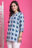 Teal Blue & White Pure Cotton Block Printed Tunic