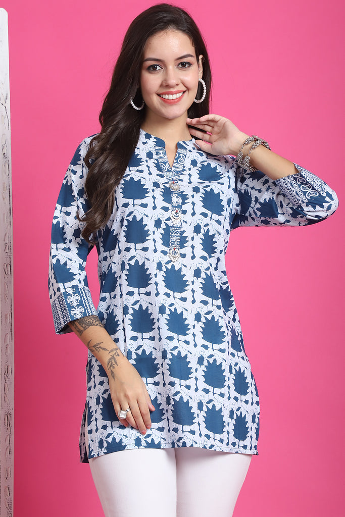 Teal Blue & White Pure Cotton Block Printed Tunic