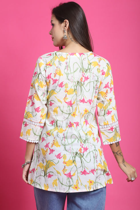 White Pure Cotton Floral Printed Tunic