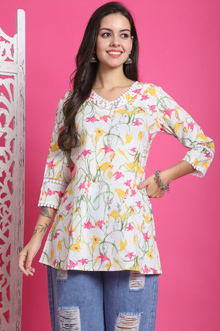 White Pure Cotton Floral Printed Tunic