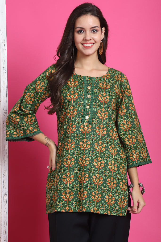 Green Pure Cotton Floral Printed Tunic