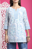 White & Sky Blue Pure Cotton Floral Printed Tunic