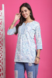 White & Sky Blue Pure Cotton Floral Printed Tunic