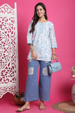 White & Sky Blue Pure Cotton Floral Printed Tunic