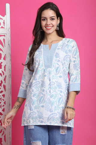 White & Sky Blue Pure Cotton Floral Printed Tunic