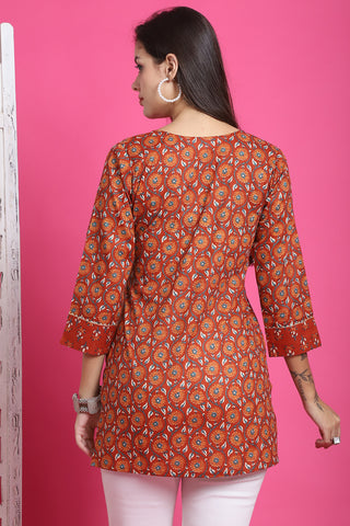 Orange Pure Cotton Floral Printed Tunic