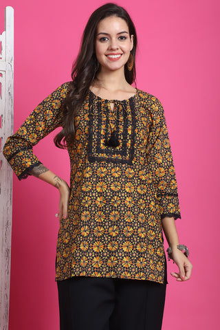 Black & Yellow Pure Cotton Floral Printed Tunic