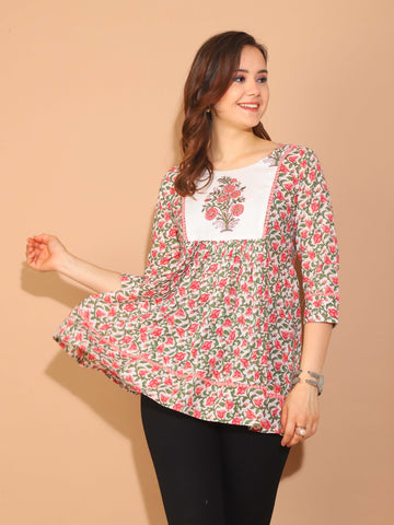 White & Pink Pure Cotton Floral Printed Tunic