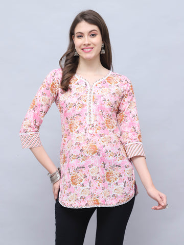 Light Pink Pure Cotton Floral Printed Tunic