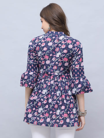 Navy Blue Pure Cotton Floral Printed Tunic