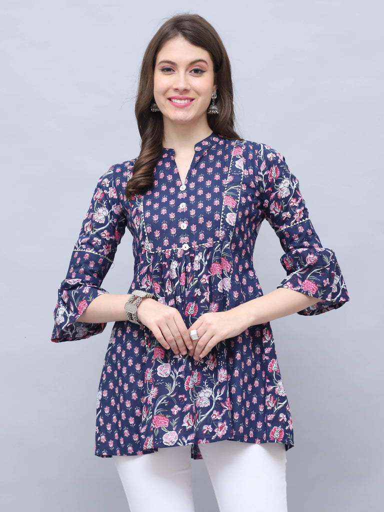 Navy Blue Pure Cotton Floral Printed Tunic