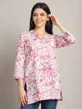 White & Dusty Pink Women Pure Cotton Floral Printed Tunic