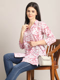 White & Dusty Pink Women Pure Cotton Floral Printed Tunic