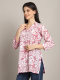 White & Dusty Pink Women Pure Cotton Floral Printed Tunic