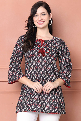 Black Pure Cotton Floral Printed Tunic