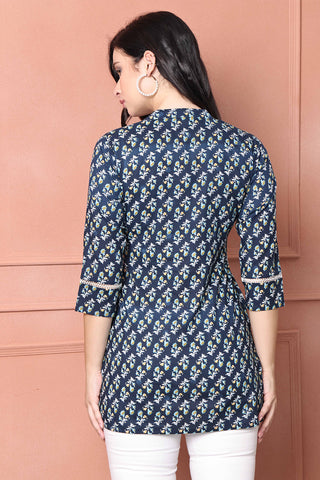 Navy Blue Pure Cotton Floral Printed Tunic