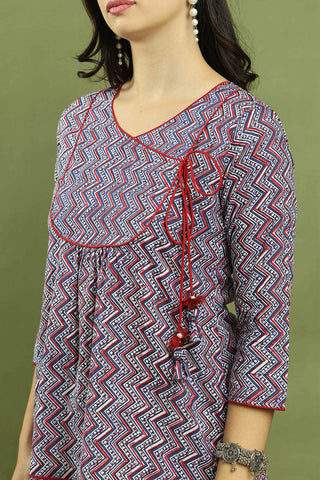 Blue & Maroon Women Pure Cotton Zig Zag Printed Tunic