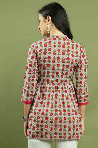 Grey & Magenta Women Pure Cotton Jaipuri Printed Tunic