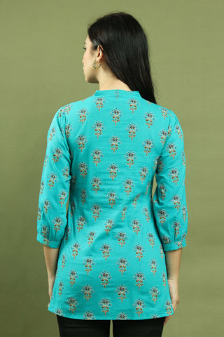 Sky Blue Women Pure Cotton Jaipuri Printed Tunic