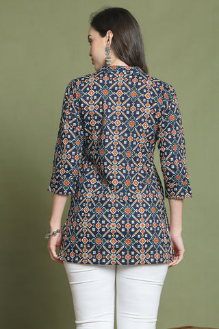 Navy Blue Pure Cotton Jaipuri Printed Tunic