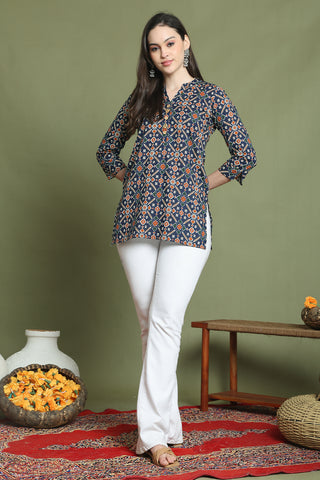 Navy Blue Pure Cotton Jaipuri Printed Tunic