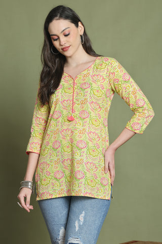 Yellow Pure Cotton Jaipuri Printed Tunic