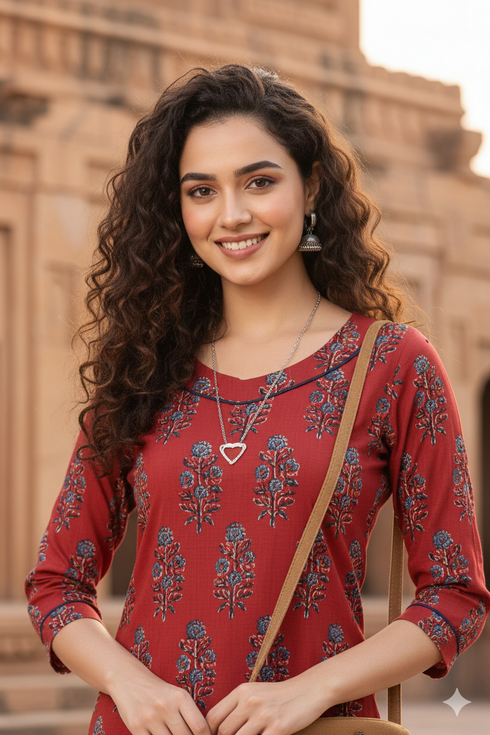 Maroon Pure Cambric Cotton Jaipuri Printed Kurti
