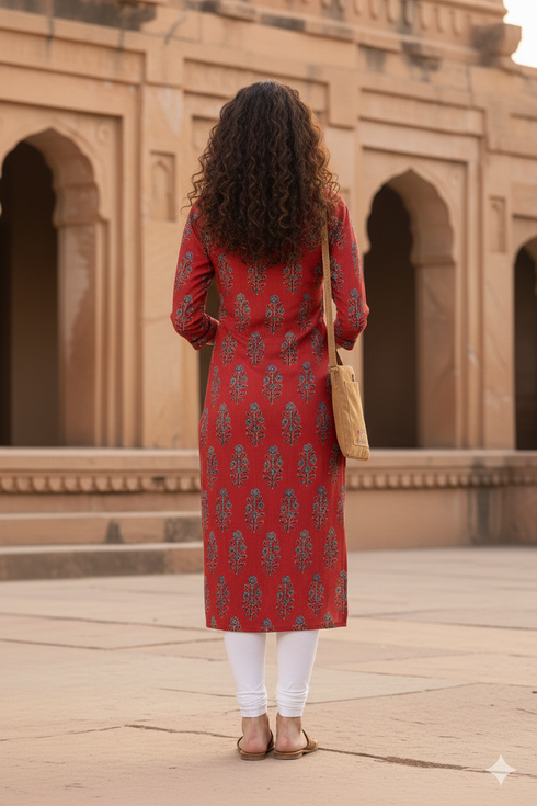 Maroon Pure Cambric Cotton Jaipuri Printed Kurti