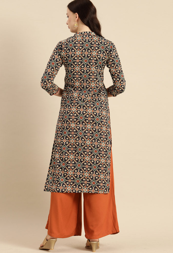 Navy Blue And Red Pure Cambric Cotton Jaipuri Printed Kurti
