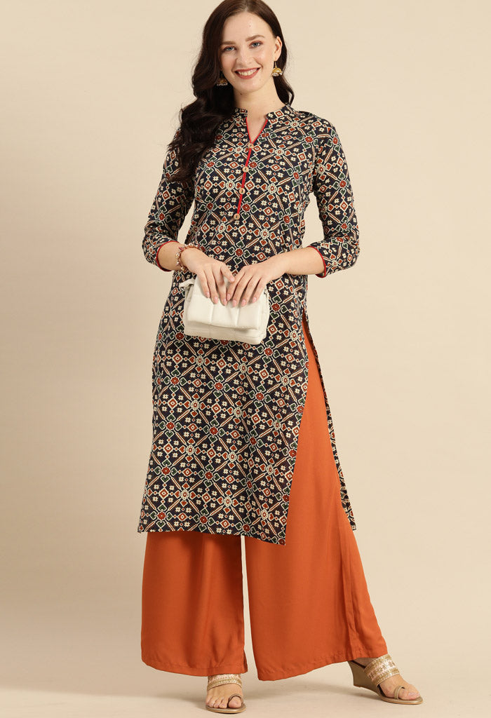 Navy Blue And Red Pure Cambric Cotton Jaipuri Printed Kurti