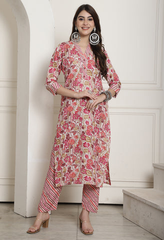 Multicolor Cotton Blend Jaipuri Printed Kurta With Pant